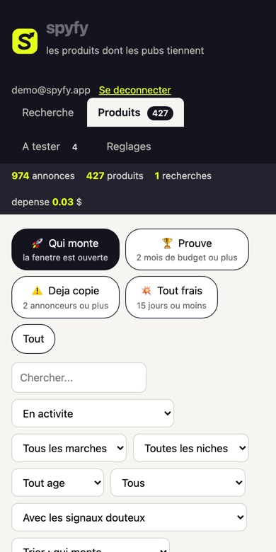 Spyfy sur telephone : les memes cartes produit, une par ligne.
