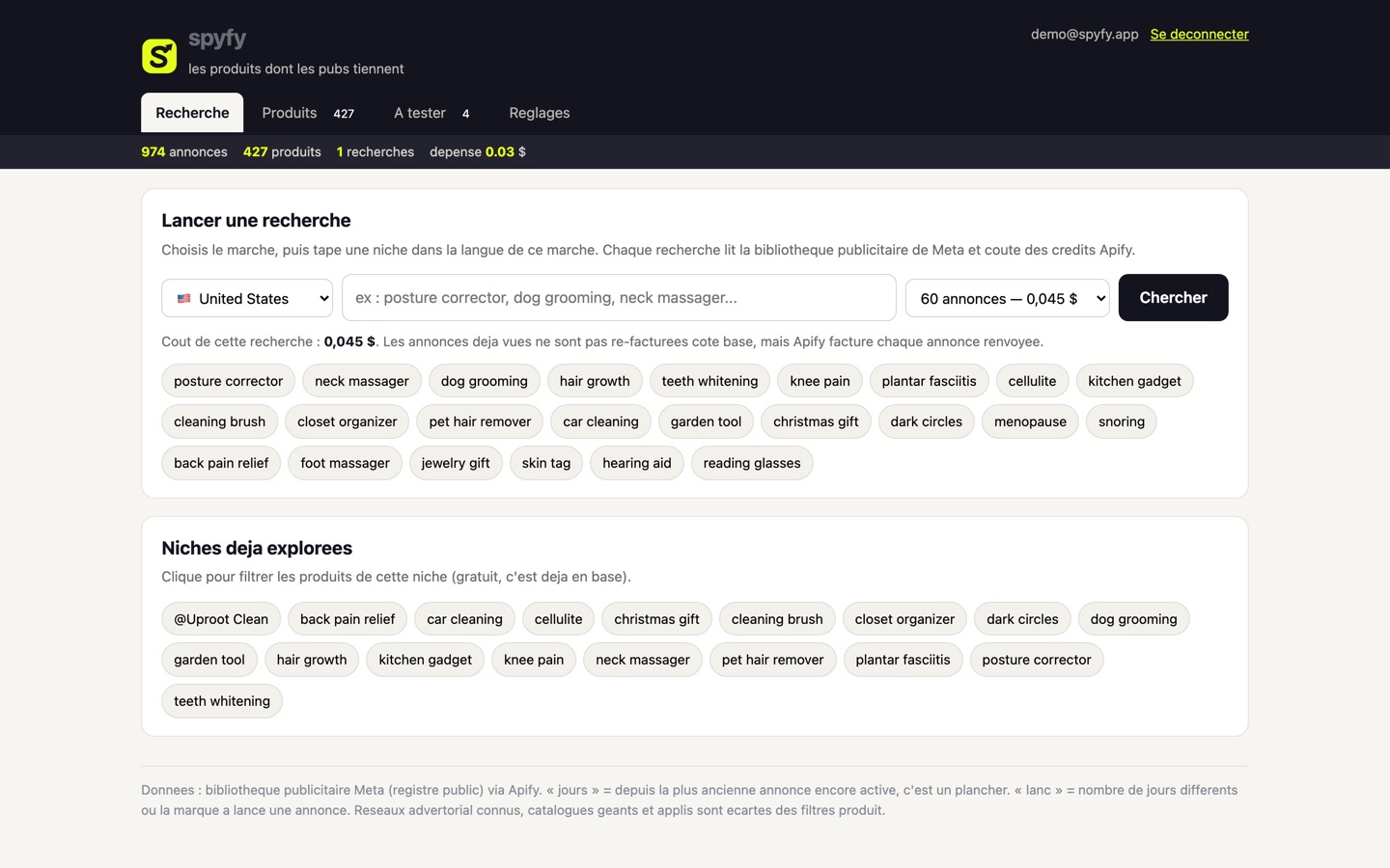L’onglet Recherche de Spyfy : un selecteur de marche, un champ de niche et le cout de la recherche.