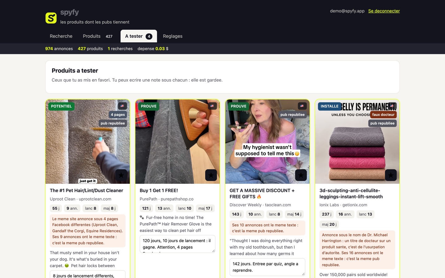 L’onglet A tester de Spyfy : trois produits en favori, chacun avec une note personnelle.